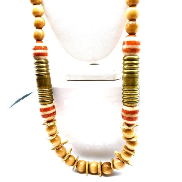 OOAK Vintage Boho Necklace, Large Wooden Beads and Brass Tubes on Silk Cord, Uni - Picture 2 of 4